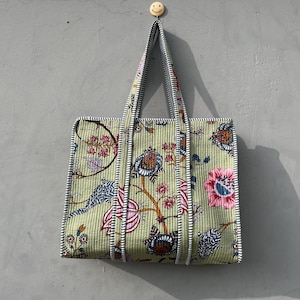 quilted tote bag Indian handmade, Quilted cotton tote bag with zipper and inside pocket, Pure cotton tote bag, handbag for women