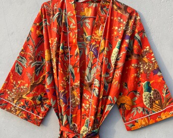 Floral Cotton Kimono Robe: Indian Print Loungewear