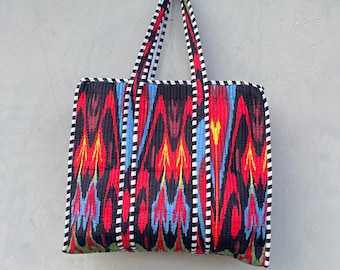 Handmade Quilted Cotton Tote Bag: Indian Block Print Handbag