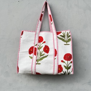 Handmade Block Print Cotton Tote Bag: Reversible Quilted Shopper
