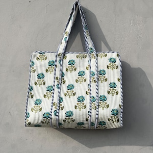 quilted tote bag Indian handmade, Quilted cotton tote bag with zipper and inside pocket, Pure cotton tote bag, handbag for women, gift for