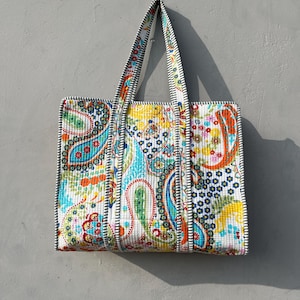 cotton quilted tote bag indian handmade, Quilted cotton tote bag with zipper and inside pocket, Pure cotton tote bag, handbag for women