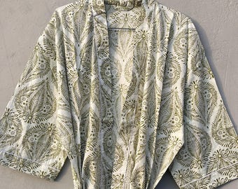 Floral Cotton Kimono Robe: Indian Print Loungewear with Pockets