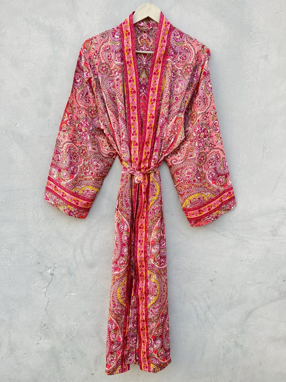 Silk Kimono Robe, Recycled Sari Fabric, Hand Embroidered, Robe For Women