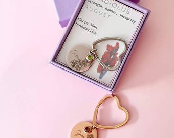 Personalised Birth Flower Birthstone Keyring Gift In A Box - With Custom Message Card