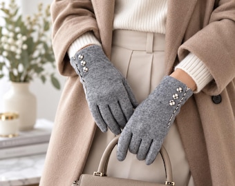 Merino Wool Touch Screen Gloves With Tartan Buttons - Women’s Cosy Winter Gift.