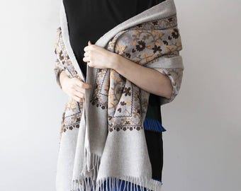 Personalised Embroidered Wool Floral Shawl Scarf - Pure Wool Winter Wrap