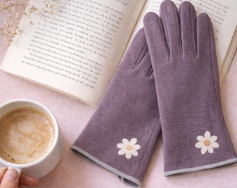 Birth Flower Merino Wool Gloves - Embroidered Floral Touchscreen Gloves for Women
