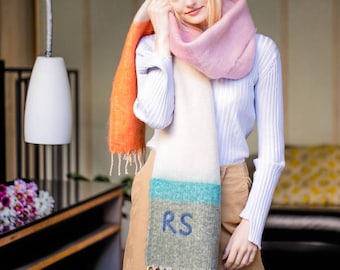 Hand Felted Chunky Colour Block Stripe Scarf – Personalised Initial Scarf, Winter Gift for Her