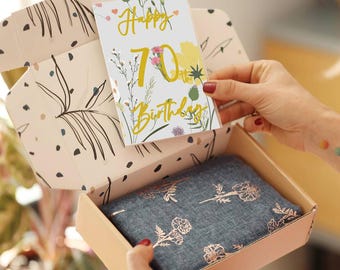 70th Birthday Birth Flower Scarf in Gift Box – Rose Gold Print, Sentimental Gift