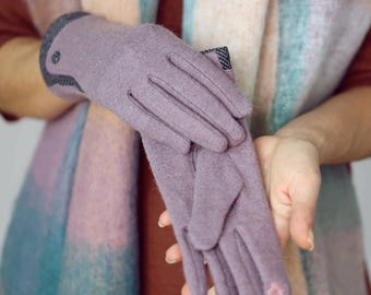 Merino Wool Touchscreen Gloves with Herringbone Cuff in LILAC - Women’s Winter Gloves, Cosy Gift