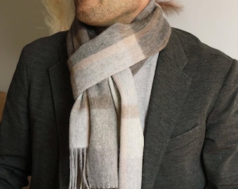 Men’s Grey & Beige Tartan Cashmere Wool Blend Scarf - Personalised with Name or Initials