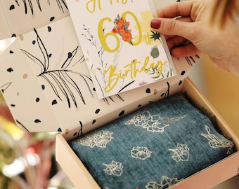 60th Birthday Birth Flower Scarf in Gift Box – Rose Gold Print, Sentimental Gift