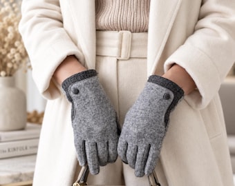 Merino Wool Touch Screen Gloves With Herringbone Cuff - Women’s Winter Gloves, Cosy Gift
