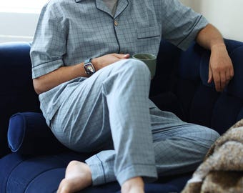 Personalised Men’s Blue Check Pyjama Set 100% Cotton - Embroidered Initials, Gift for Him
