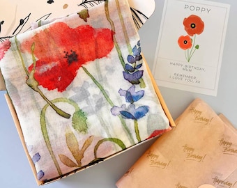 Personalised Poppy Print Scarf - Red Floral Viscose Shawl, Memorial Gift
