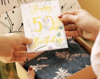 50th Birthday Birth Flower Scarf in Gift Box – Rose Gold Print, Sentimental Gift