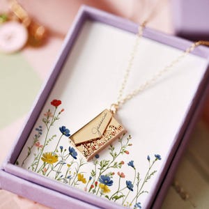Wildflower Envelope Necklace – Gold Locket Pendant with Engraving, Opens to Hold Note or Tiny Trinket Item, Secret Message Necklace Gift