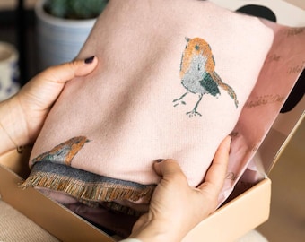 Personalised Robin Bird Scarf - Cashmere Blend Embroidered Wrap, Gift for Birthday or Remembrance