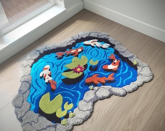 Handmade Koi Pond Wool Rug, Japanese Water Garden Decor