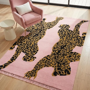 Alfombra de lana de leopardo rosa hecha a mano: estampado animal 3D, decoración maximalista