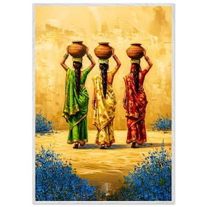Traditional Indian Village Women Wall Art | Colorful Saree Canvas Print | Rural Life Painting for Home, Living Room, Bedroom, Office, gym