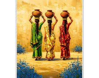 Traditionele Indiase dorpsvrouwen muurkunst | Kleurrijke Saree-canvas | Landelijk leven schilderij voor thuis, woonkamer, slaapkamer en kantoor