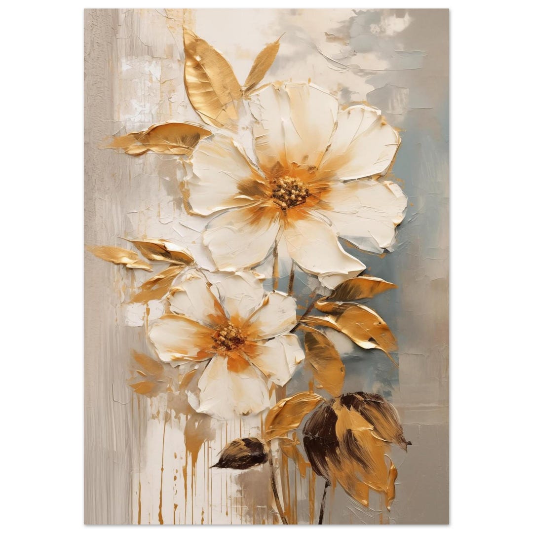 Abstract Floral Wall Art Print, White and Gold Flower Canvas, Neutral ...