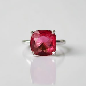 Hot Pink Cushion Cut Solitaire Ring, Ruby Cushion Cut Ring in Sterling Silver, Statement Jewelry, July Birthstone, Handmade Ring