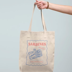 Retro Sardine Tote Bag, Minimal Line Art Canvas Tote, Packed with Personality, Funny Coastal Bag, Quirky Gift Idea