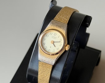 Citizen CQ Womens Vintage Y2K Watch Gold Tone Dress Wristwatch Beige Dial Elegant Minimalist Classic Slim Bracelet Style 17mm