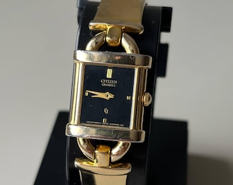 Citizen Quartz Gold Tone Tank Ladies Watch Vintage 80s 90s Solid Stainless Steel Size 6-6.5" in Classic Elegant Retro Timepiece Collectible