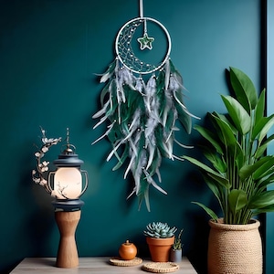 Crescent Moon Dreamcatcher with Green Feathers | Star Charm Boho Wall Decor | Over Bed Spiritual Hanging | Nursery or Bedroom Gift