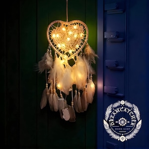 Heart Shaped Dreamcatcher with LED Lights | Feather Wall Hanging for Bedroom | Boho Fairy Light Decor | Romantic Gift for Her