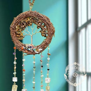 Tree of Life Dreamcatcher with Natural Gemstones | Boho Wall Hanging | Healing Crystals Decor | Chakra Stones Mobile | Spiritual Gift