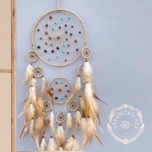 Beige Blue Dreamcatcher with Feathers and Beads | Large Boho Wall Hanging | Spiritual Decor | Native Style Bedroom Gift