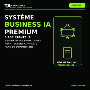 Op de afbeelding: Een zwarte digitale productafbeelding met de titel SYSTÈME BUSINESS IA PREMIUM. Het bevat 6 ASSISTANTS IA, 8 WORKFLOWS PRIORITAIRES, ARCHITECTURE COMPLÈTE en PLAN DE DÉPLOIEMENT. Een groen kader bevat een netwerkicoon en een PDF-icoon met het label PDF PREMIUM PERSONNALISÉ.