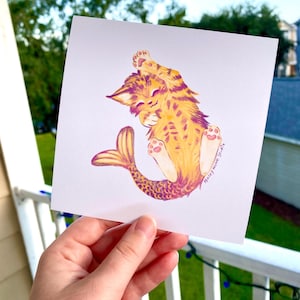 Fish Cat Art Print– a cat mermaid illustration 5x5 print