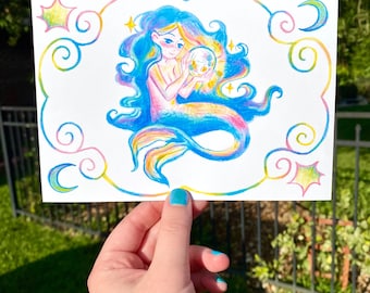 Whimsical Mermaid Holding Moon Art Print
