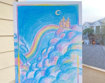 Rainbow Sky Castle Whimsical Art Print