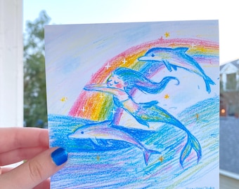 Mermaid and Dolphins Art Print