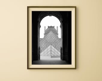 Louvre Pyramid Print – Paris Architecture Photography, Black and White Wall Art, Modern French Decor