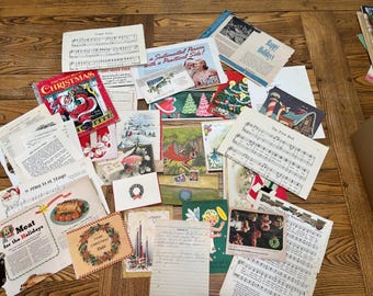 May include: A collection of vintage Christmas ephemera, including sheet music, greeting cards, and advertisements. The items feature festive imagery like Santa Claus, Christmas trees, and holiday messages. The color palette includes red, green, and gold.