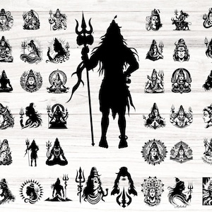 Puede incluir: Una colección de ilustraciones en blanco y negro de la deidad hindú Shiva. Las imágenes representan a Shiva en varias formas, incluyendo siluetas de cuerpo completo y retratos detallados, sosteniendo un tridente y otros objetos simbólicos. El fondo es de vetas de madera clara.