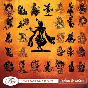 30 Lord Krishna svg bundle, Indian Worship Stickers, Krishna Laser Cut, Cricut, Silhouette, Krishna T-Shirt Design, hindu SVG, Krishna PNG