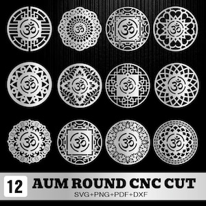 Pacote de Mandala AUM em SVG | Símbolo Om | Arte de Parede Jali de Templo Cortada a Laser em DXF