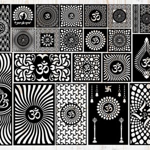 Pode incluir: Uma coleção de painéis cortados a laser em preto e branco com vários desenhos geométricos e florais, incluindo o símbolo Om e outros motivos religiosos. Os painéis variam em tamanho e forma, adequados para decoração de parede.