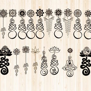 May include: A collection of black line art designs featuring various spiritual symbols, including lotus flowers, Om symbols, and stylized figures in a yoga pose. The designs are arranged on a light wood-grain background, suitable for meditation or yoga-themed products.