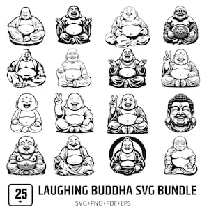 Puede incluir: Un paquete SVG en blanco y negro con 25 ilustraciones diferentes de figuras de Buda sonrientes en varias poses. Las imágenes incluyen Budas sentados con las manos en diferentes gestos, algunos con collares y uno con un signo de la paz.
