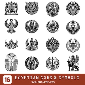 May include: Sixteen black and white illustrations of Egyptian gods and symbols. Each design is circular, featuring detailed depictions of pharaohs, deities, and hieroglyphic elements. The image includes the text "16 EGYPTIAN GODS & SYMBOLS SVG+PNG+PDF+EPS".